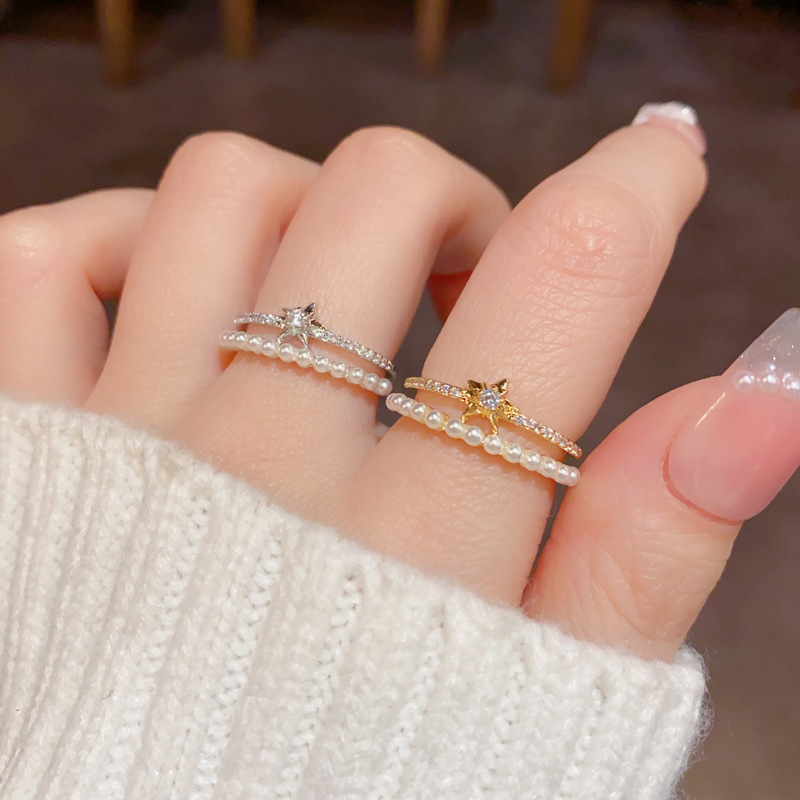 Diamond-encrusted five-pointed star double-layer pearl open ring niche temperament high-end light luxury personalized fashion food finger ring wholesale