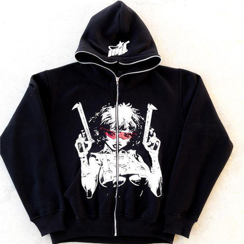 Foreign Trade Europe and America Animation Printing Gothic Street Clothing Long Sleeve Black Zipper Hoodie Y2k Clothing in stock