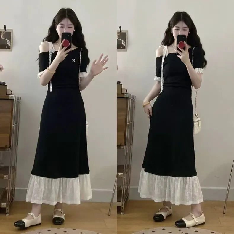French Retro Hepburn Style Black Lace Splicing Dress for Women Summer New Design Waist Slimming Long Skirt