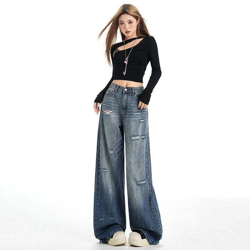 American Retro Loose Wide-Leg Pants, Fashionable and Versatile, Unique Ripped Jeans for Women, Slimming Straight-Leg Jeans for Women, Spring and Autumn Style
