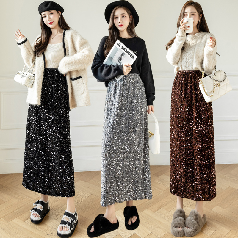 Velvet Sequin Skirt Women's Spring New Style Elastic Waist Sparkling Mid-Length Slit A-Line Hip Skirt Real Shot