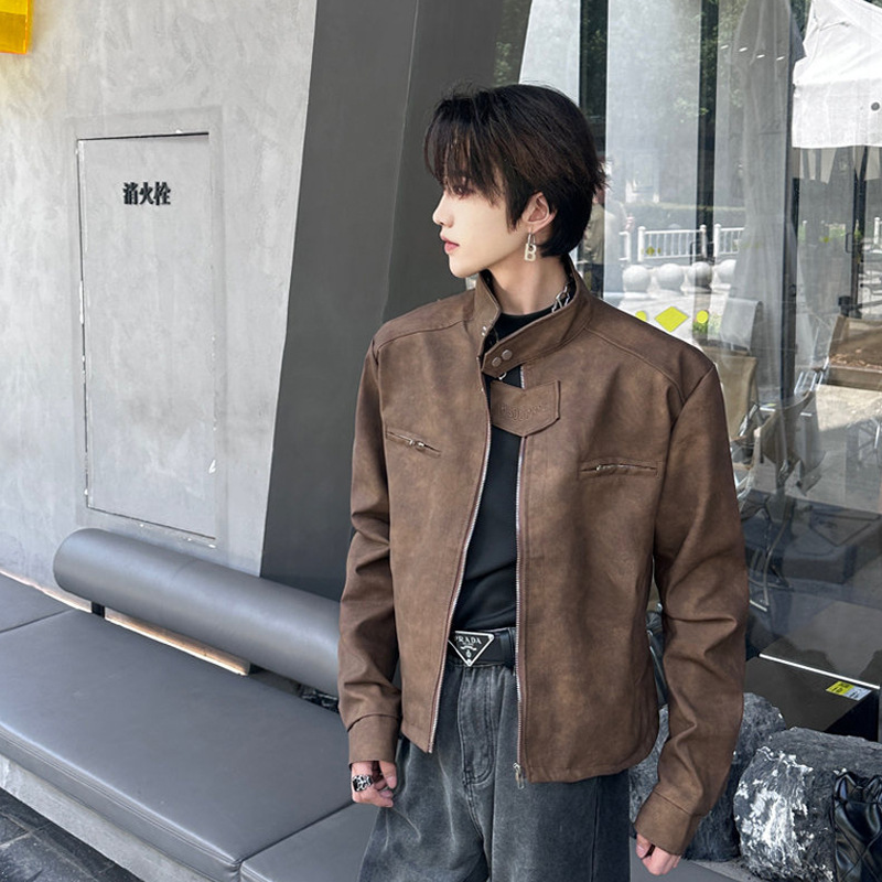 High-end Niche High Street Jacket Boys Short Brown brown Bomber Jacket American Retro Biker Top