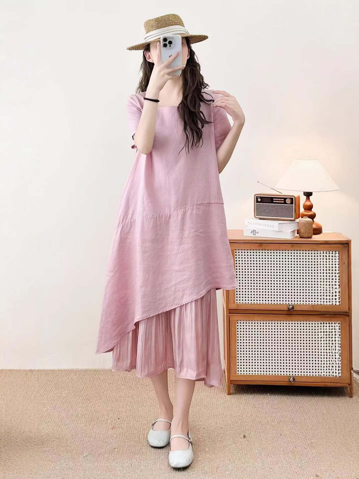 26 Summer Dress for Women, Pullover Round Neck, Pure Linen, Loose Casual Korean Style Mid-Length Dress with Fashionable Splicing