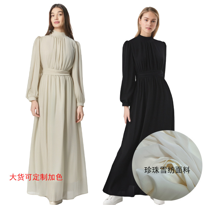 Summer and Autumn Cross-Border Export 465 Stand Collar Long Sleeve Lantern Sleeve Solid Color Pearl Chiffon Waist-Cinching Simple Elegant Long Dress