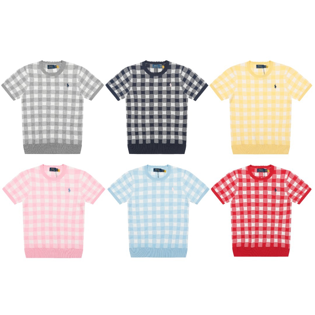 Correct Version of 2025 Rl Laff War Horse Small Label Embroidered Plaid Simple and Versatile Slim Round Neck Knitted Short-Sleeved Women