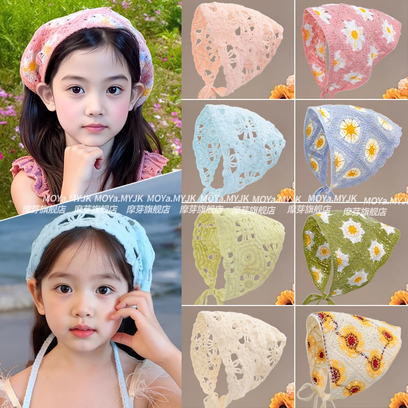Girls' Headscarf for Summer, Knitted Triangle Scarf for Little Girls to Wear When Going Out and Taking Photos, Pastoral Style Hairband, Children's Fresh and Simple Hair Accessory