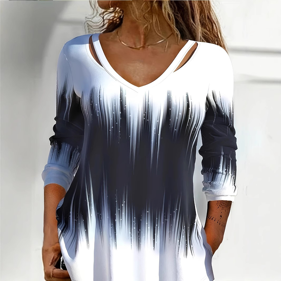 European and American Amazon Spring, Autumn and Winter New Amazon Export Personalized Tie-Dye Gradient Color Long-Sleeved V-Neck T-Shirt Women's Tops