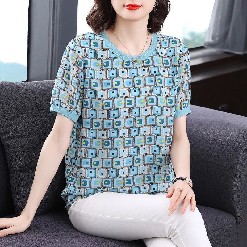 Short-sleeved T-shirt Women's 2025 Summer New Arrival Middle-aged Mother's Loose plus size Stychy Belly-covering Shirt Women's Top