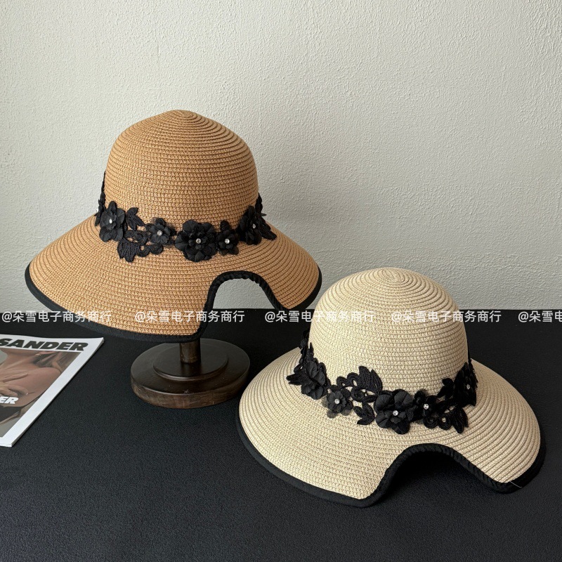 2026 New Style French Resort-Style Beach Fisherman Hat for Women, Summer Elegant Lace Floral Straw Hat, Versatile and Simple