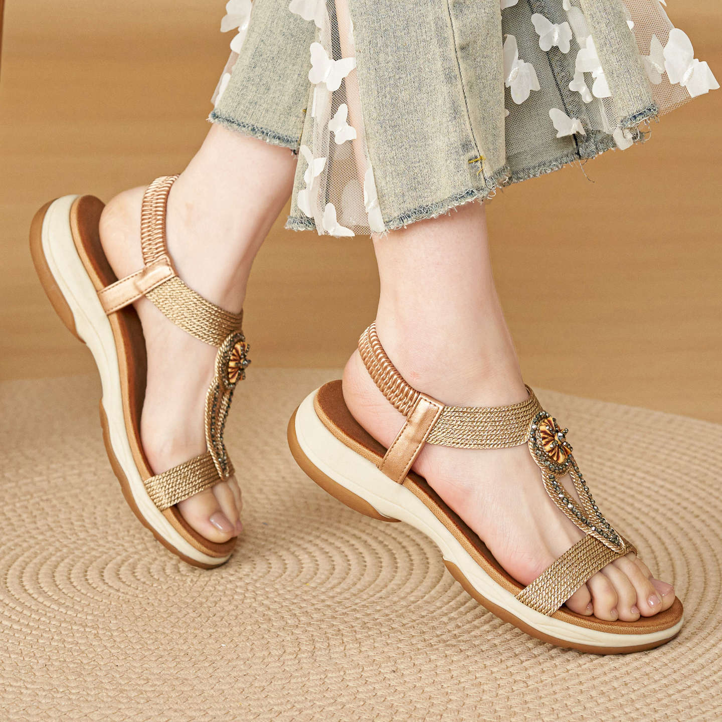 U899-3 New Summer Style Rhinestone Large Size Sandals for Women with Soft Soles, Non-Slip Outer Wear, Bohemian Beach Roman Women's Shoes