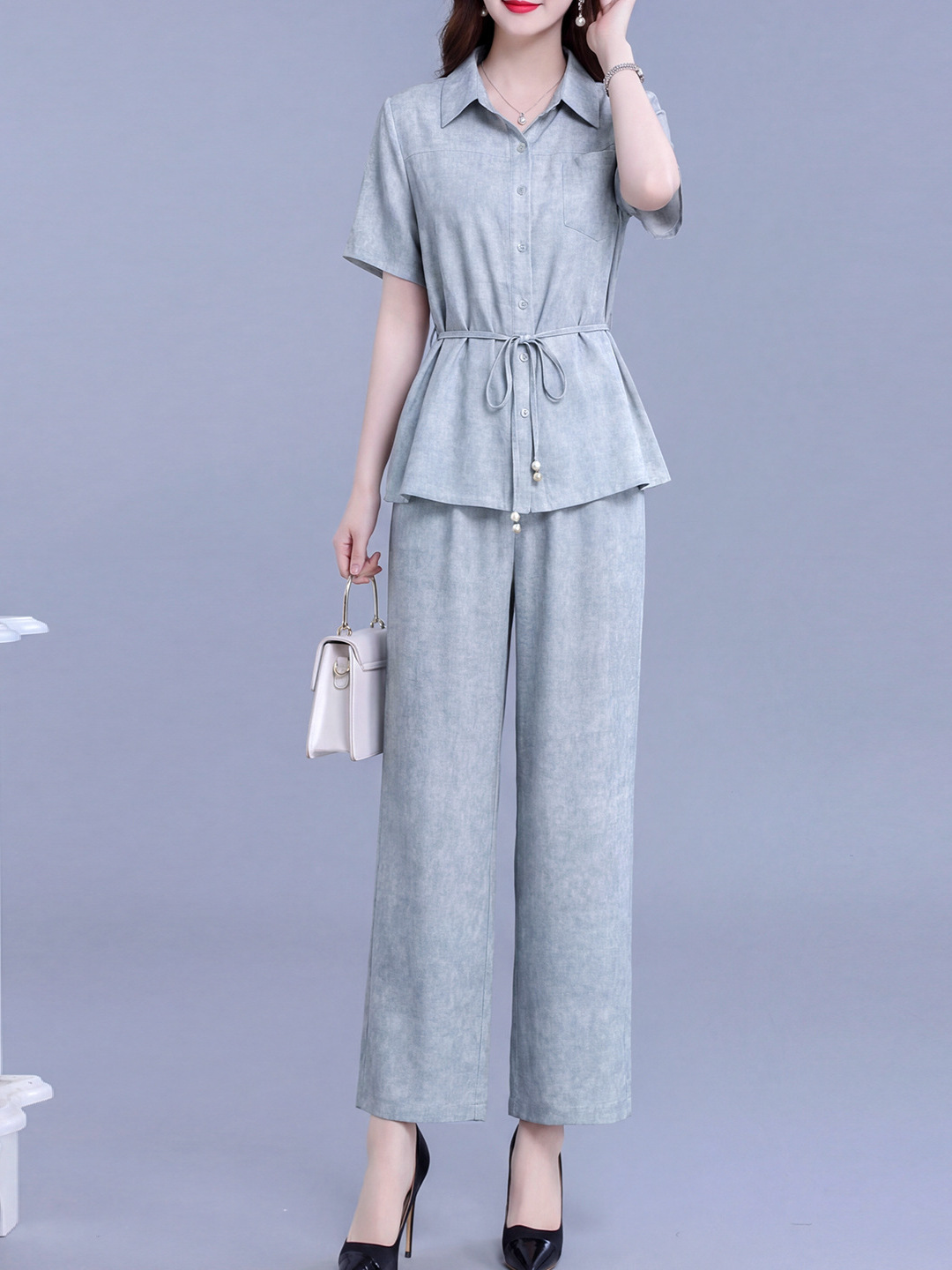 Elegant and Stylish Women's Fashion Set 2026 Summer New Korean Style Tie-Waist Slim-Fit Shirt and Pants Two-Piece Set