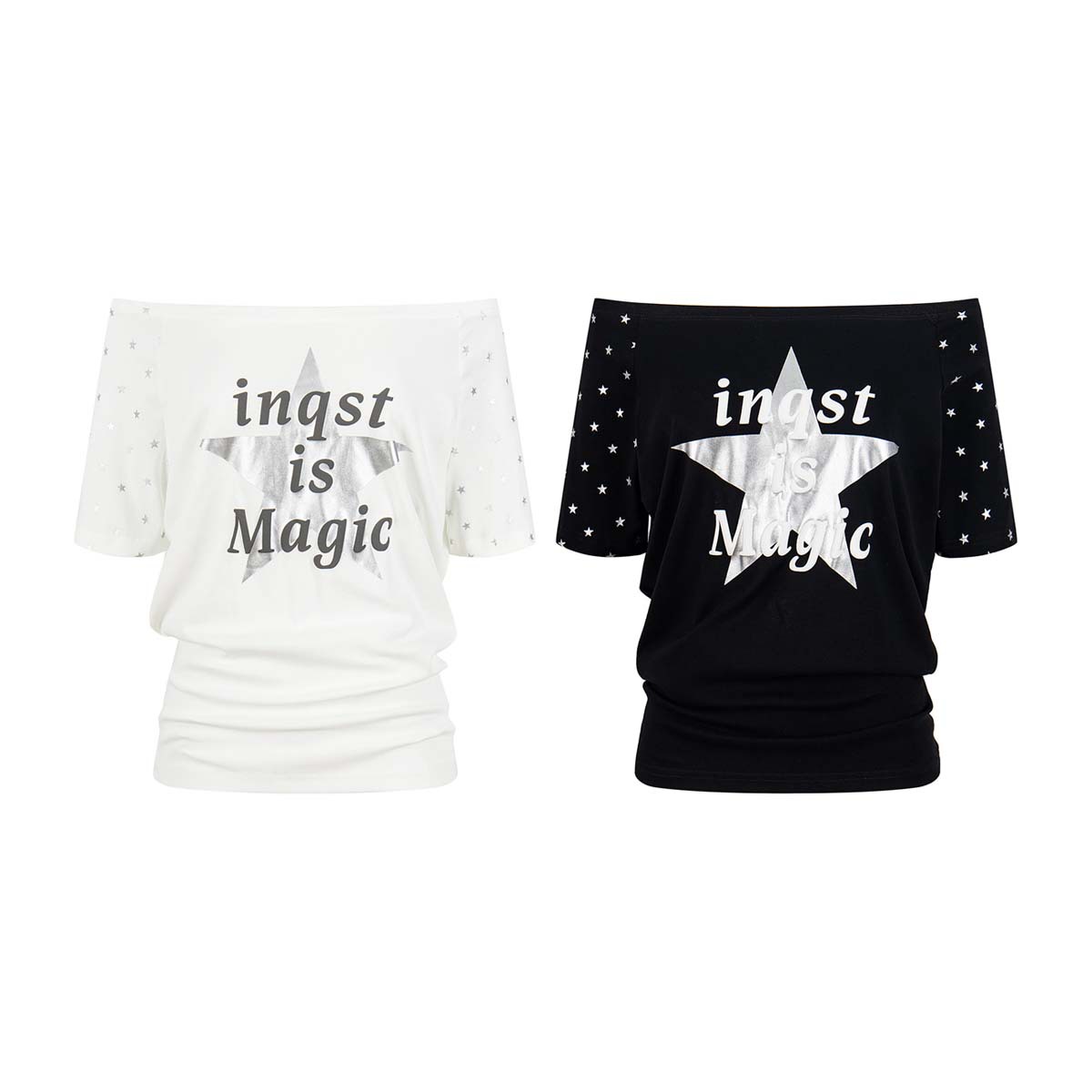 Unbdns American-Style Spicy Girl Off-Shoulder Lettered Star Top T-Shirt Summer New Short-Sleeve Women's Shirt