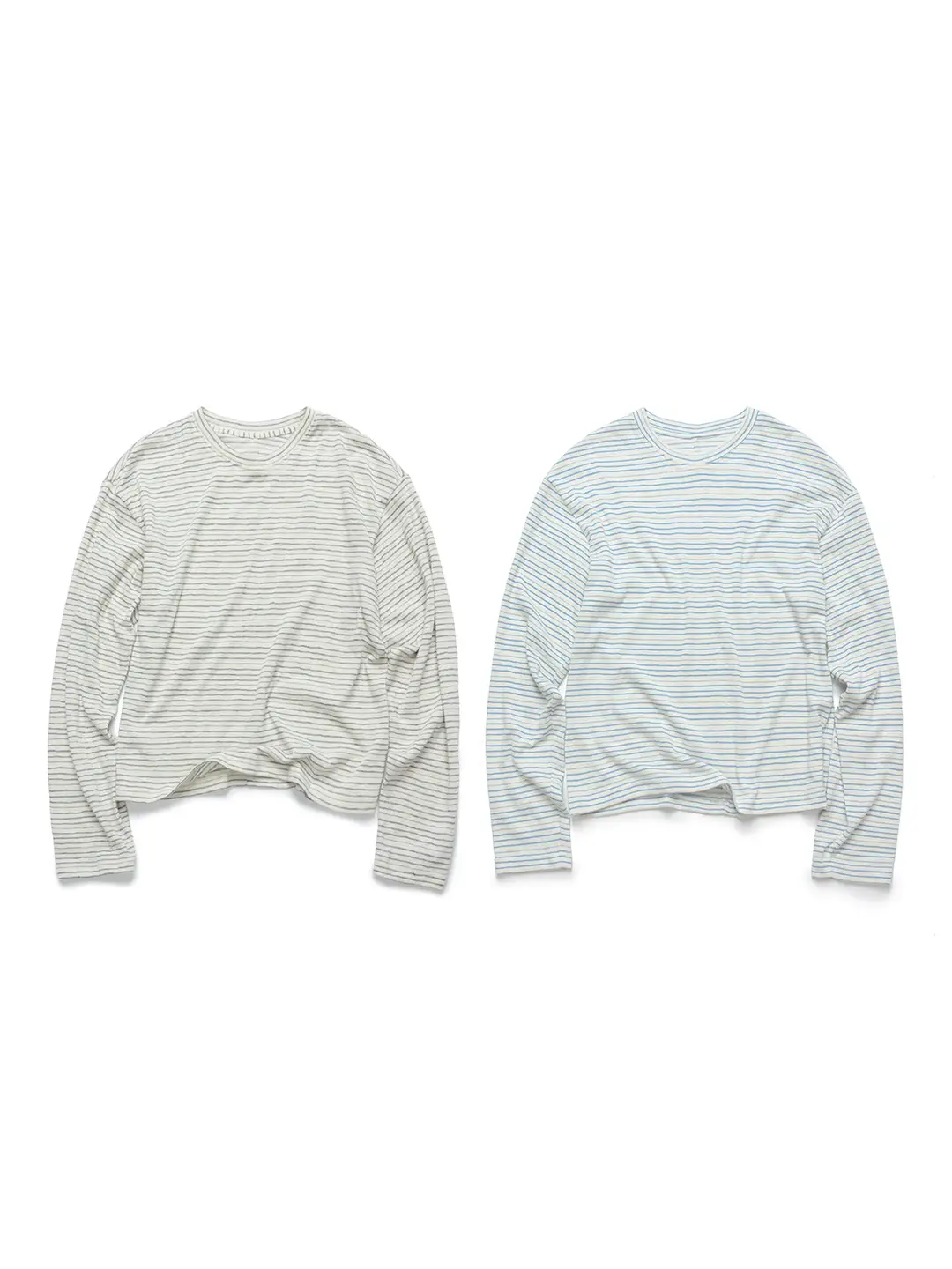 Boxy Short Wide Silhouette Versatile Crew Neck Base Layer Blue, Gray, and Black Striped Relaxed Casual Long-Sleeve T-Shirt