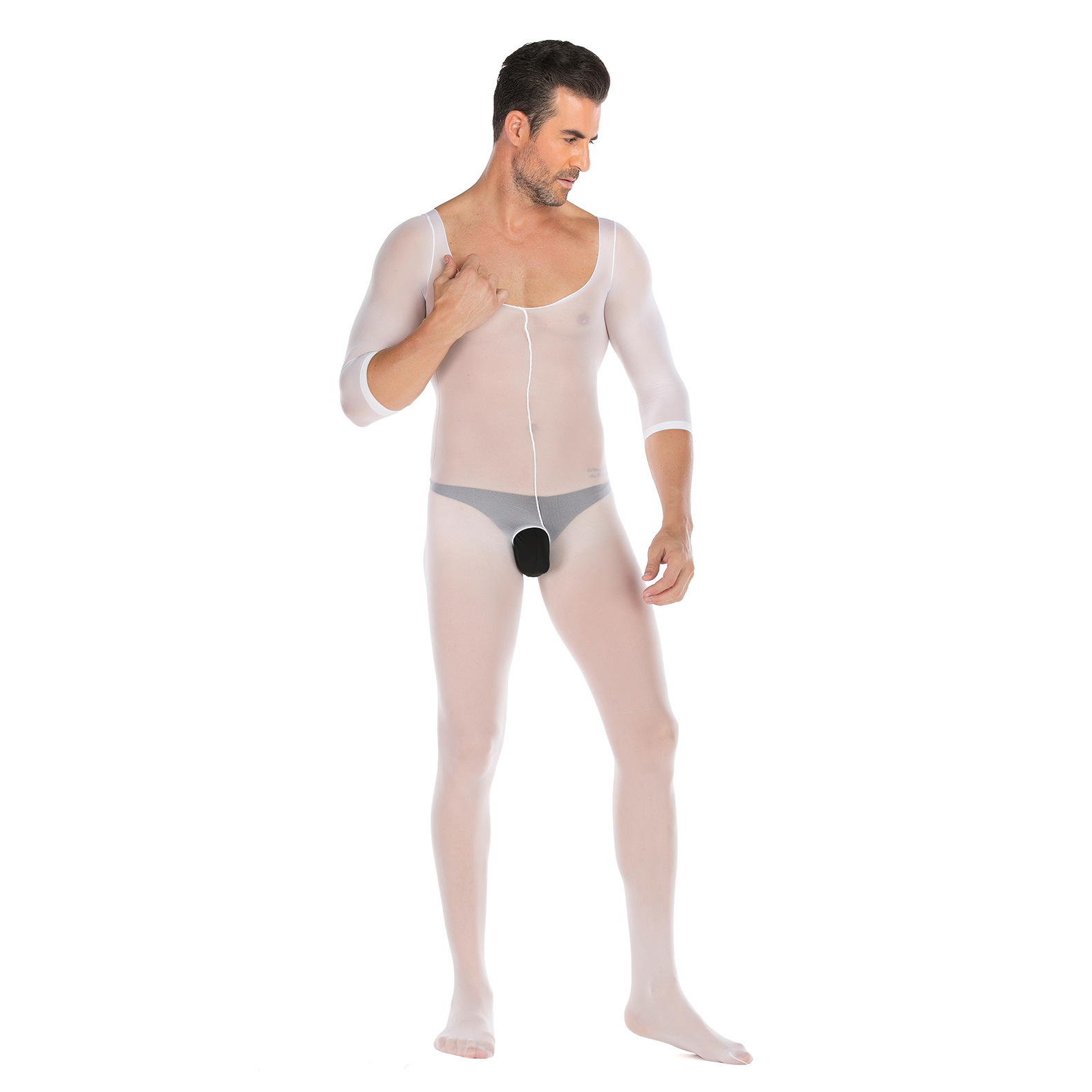 Amazon Men's Sexy Underwear Solid Color Long Sleeve Open Free Jumpsuit Sexy Men's Jumpsuit Silk Stockings
