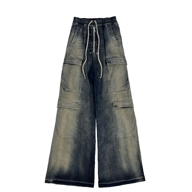 Large quantity of spot show style gradient washed blue pocket workwear drawstring loose denim pants capper same style