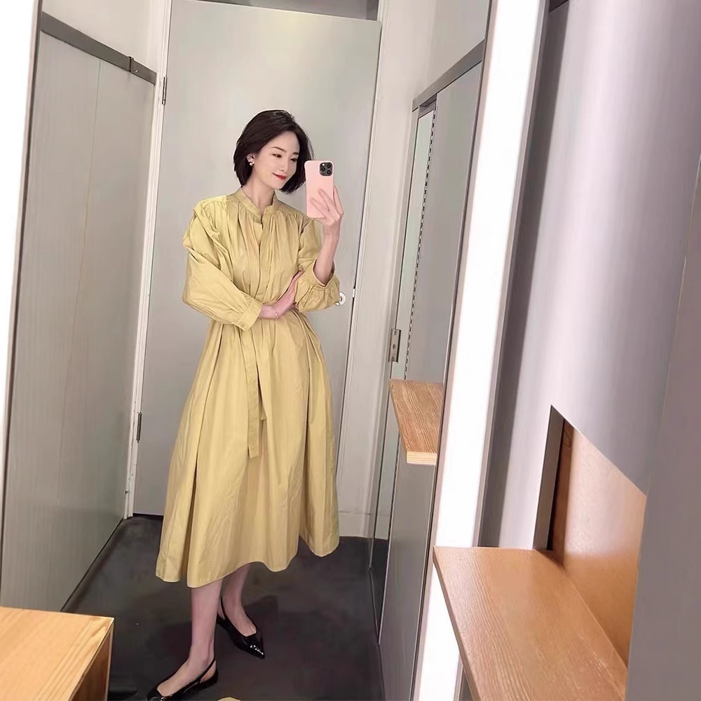 Cs Spring New Women's Two-Color Pleated Mid-Length Skirt Casual Cotton Loose Mid-Sleeve Dress New Style