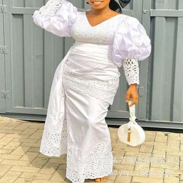 Amazon Cross-Border European and American Foreign Trade Spring and Autumn Hot-Selling Plus-Size High-Waisted Women's Embroidered Lace Long-Sleeved Flared Dress