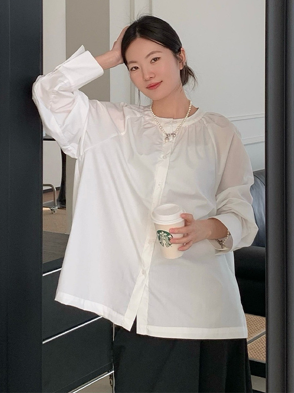 Women's Clothing 2026 Spring New Style Cotton Long-Sleeved Floral Shirt with Design Elements, Round Neck, Casual Loose Top