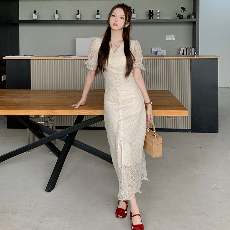 Summer new gentle style French style dress sweet elegant elegant fairy skirt slim lace short sleeve long skirt