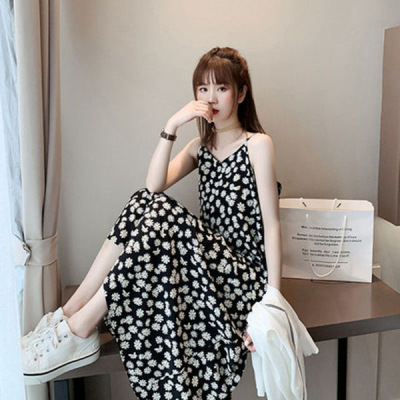 Daisy floral chiffon dress fairy slimming skirt super fairy Mori French strap girl's skirt one-step skirt
