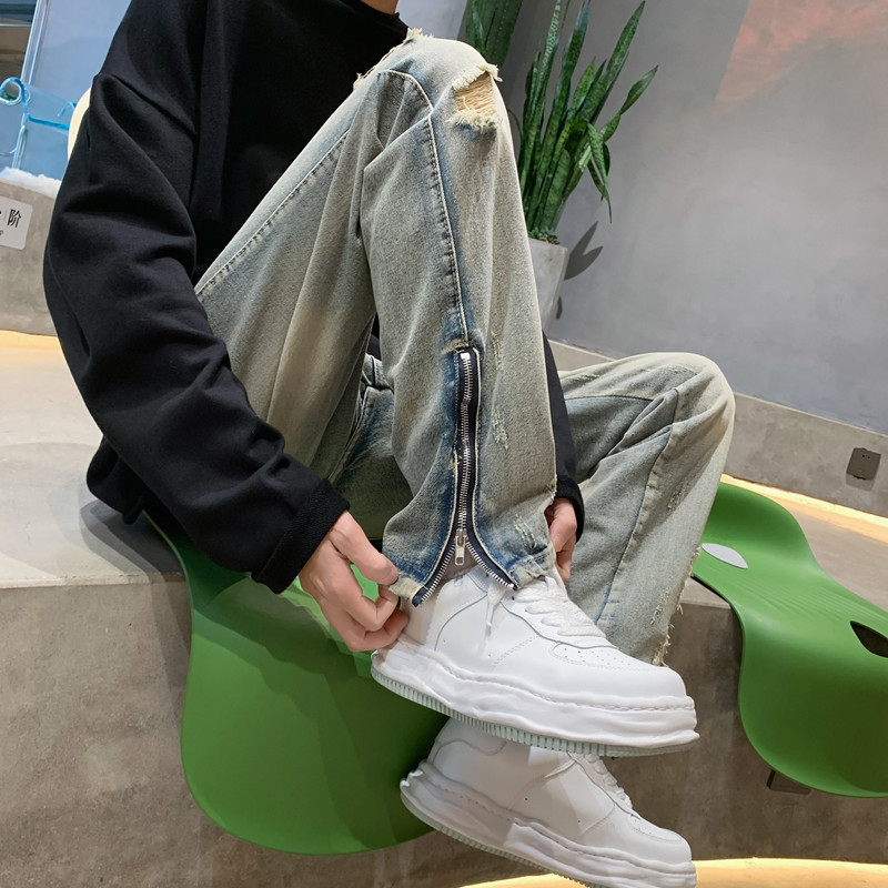 Ripped Jeans Men's Niche Design Sense European and American High Street vibe Fashion Brand American Summer ins Zipper Pants Men