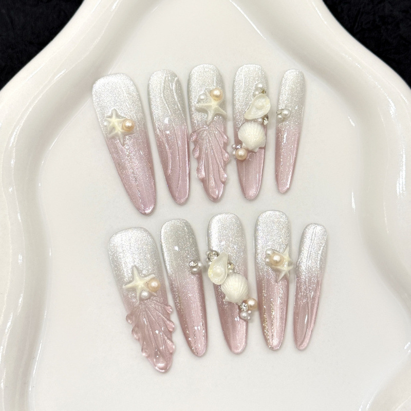 [Pink Beach] New Pearl Shell 3D Starfish Cat Eye Nail Art Whitening Effect Handmade Wearable Nail Art Stickers