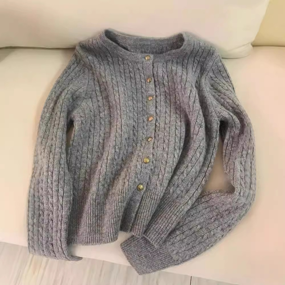 Grey Twist All Wool Knitted Cardigan Women's Autumn and Winter Lazy Style Ankle Wear Sweater Coat