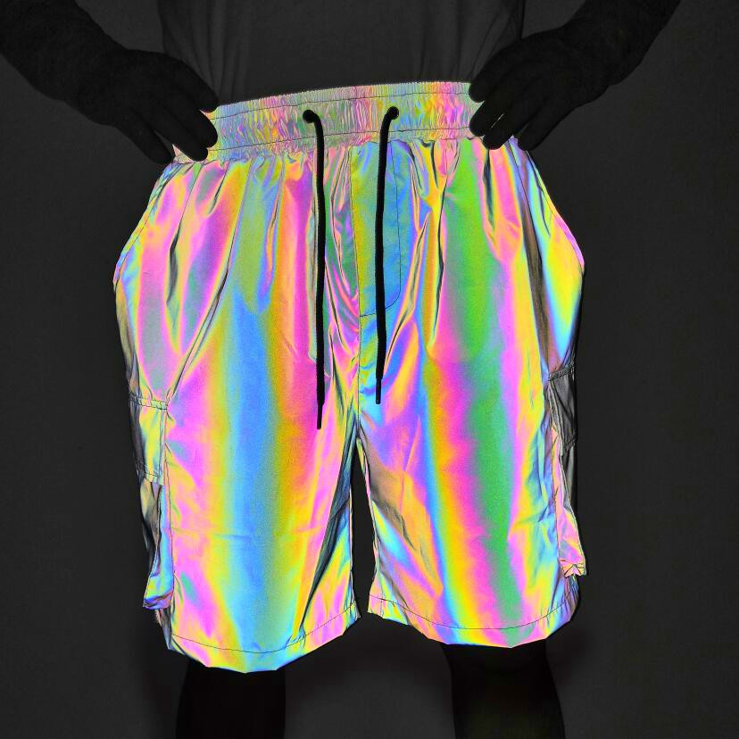 2025 Spring/Summer Multi-Pocket Colorful Reflective Cargo Shorts for Men, European and American Hip-Hop Style, Loose Fit Sports Casual Pants