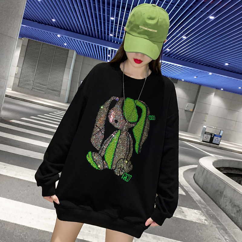 Women's Oversized Sweatshirt, High Street Fashion Brand, Loose Fit, Autumn 2024 New Style, Heavy-Duty Rhinestone Embellished Top