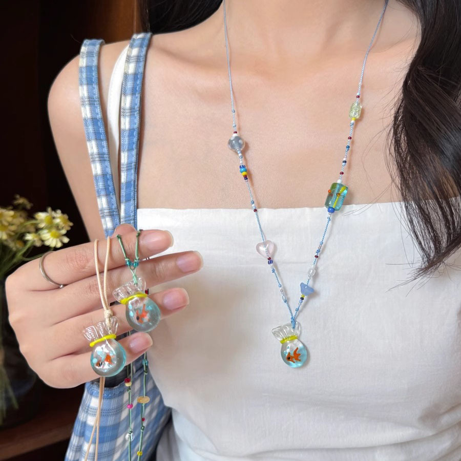 Little Fish Lucky Bag~Koi Pendant Necklace with Long Chain, Suitable for Pairing with Dresses, Colorful Goldfish Necklace for Women, Perfect Summer Accessory