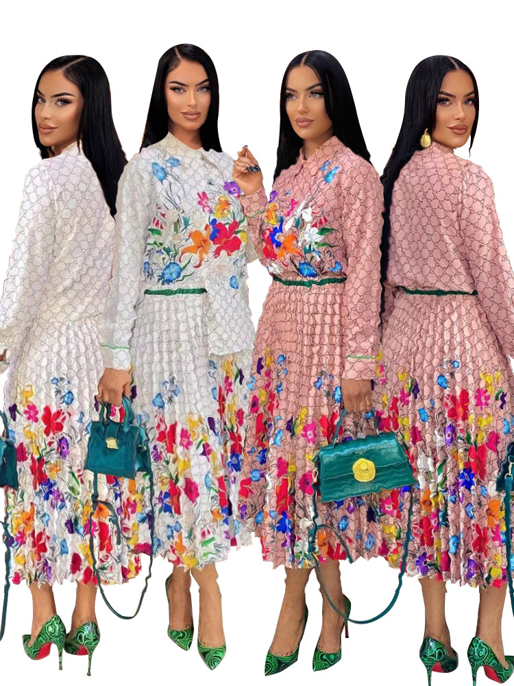 Y71379 European and American women's clothing 2023 autumn and winter New chiffon long-sleeved shirt mid-length pleated skirt two-piece set