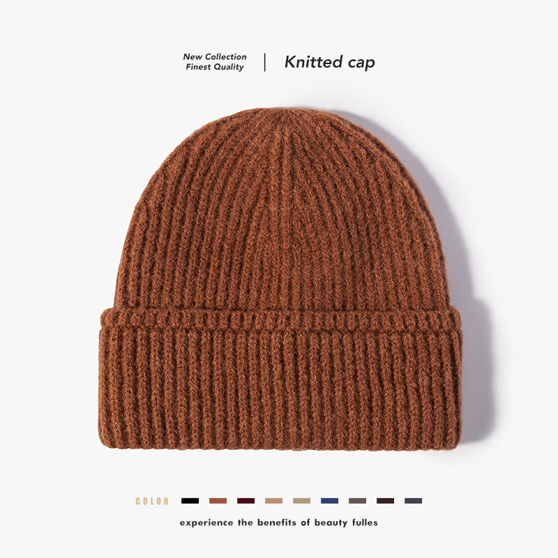 Korean Monochrome Men's Knitted Hat Autumn and Winter Riding Shopping Cross-border Fashion Cold Hat Women's Beanless Flanged Wool Hat