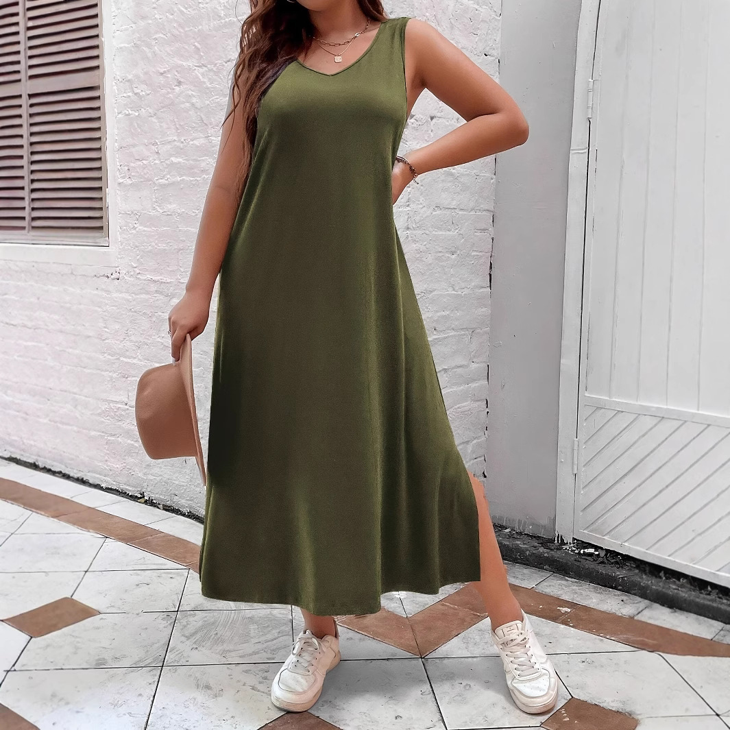 2026 European and American New Style Amazon Plus-Size Women's Loose H-Shaped Casual Solid Color Sleeveless Vest V-Neck Dress
