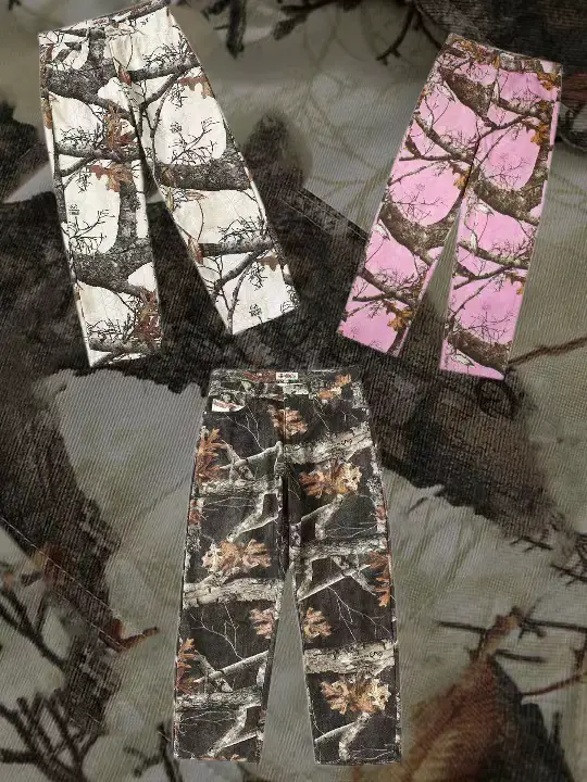 American retro Situ Four Great Happiness Realtree Branches Maple Leaves Full Printing Loose Fallen Leaves Retro Denim pants