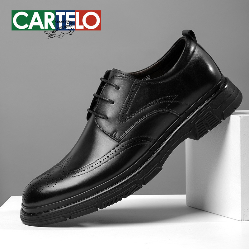 Cartelo Crocodile Men's Shoes Men's Business Casual Formal Leather Shoes Banquet Commuting Brogues Height Increasing