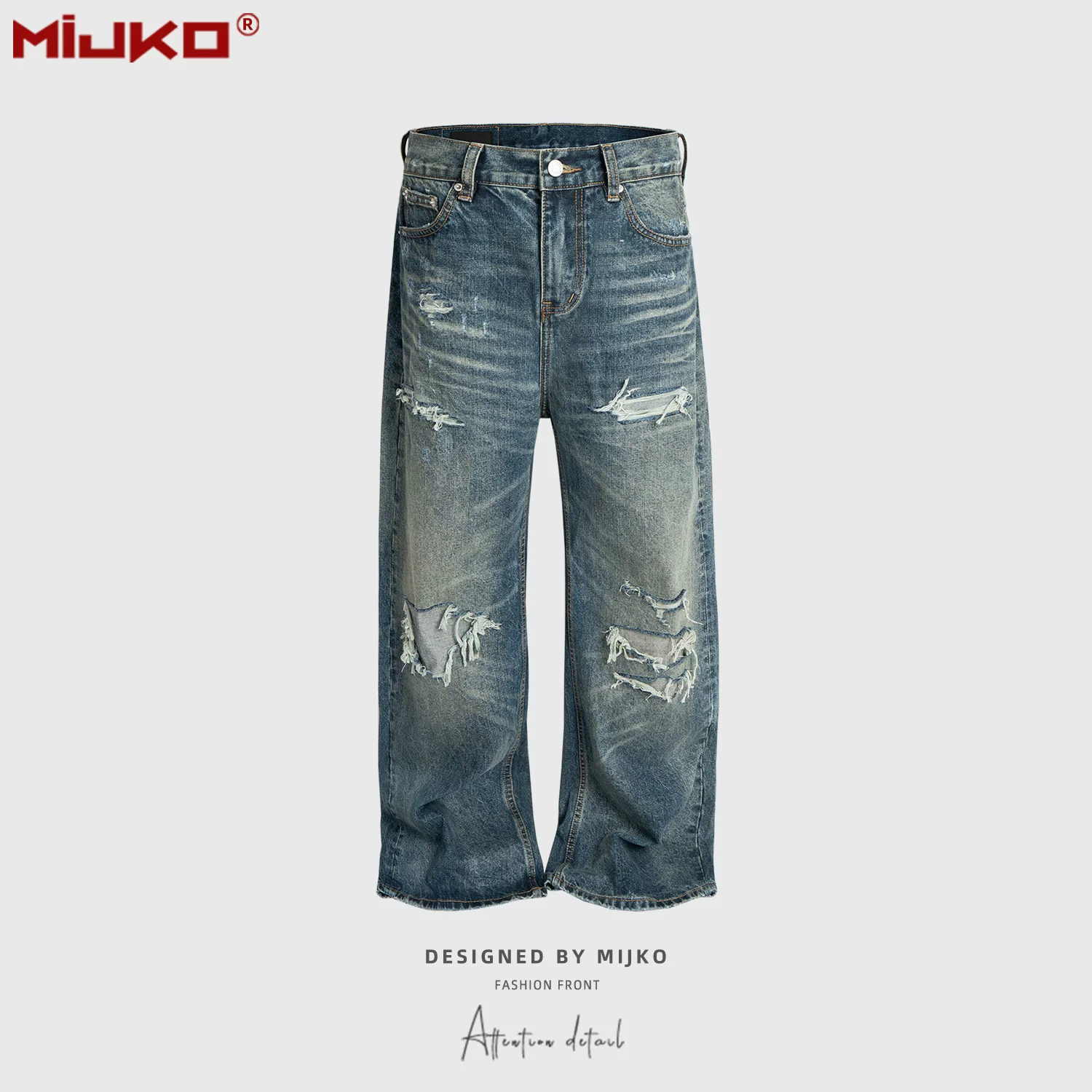 Mijko Men's and Women's Ripped Jeans, Unisex Vintage Washed Distressed Straight-Leg Blue Denim Pants