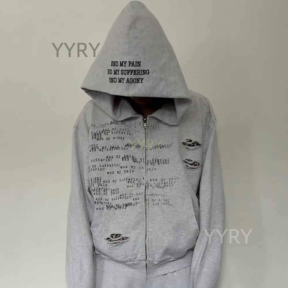 European and American Export Stylish Leopard Print Ripped Zipper Sweatshirt and Sweatpants Suit Long-Sleeved Pullover Hoodie Y2K
