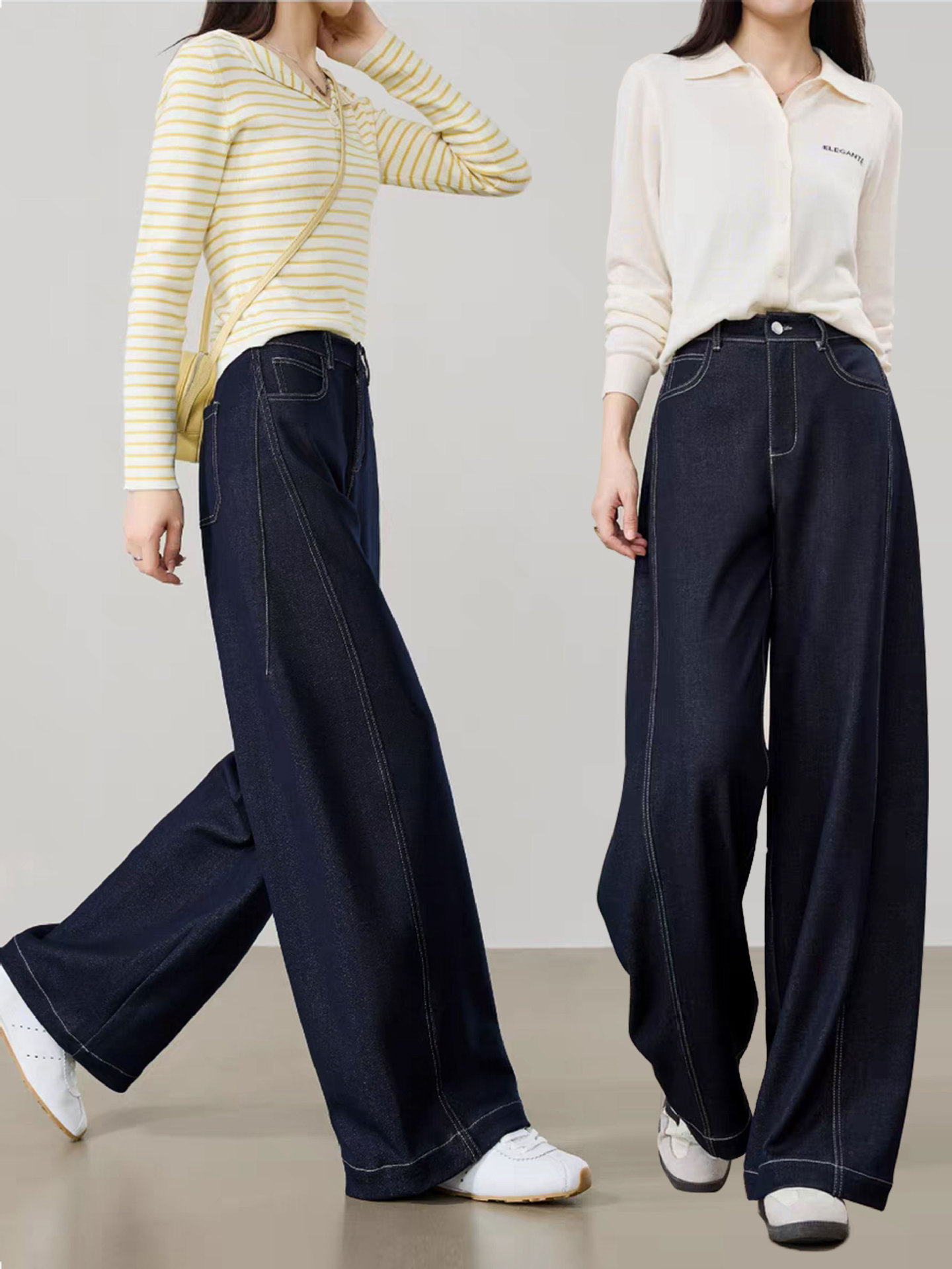 26 Spring Season【Leg-Enhancing Pants】Denim Blue High-Waisted Loose Wide-Leg Curved Pants Imitation Denim Banana Pants 25710