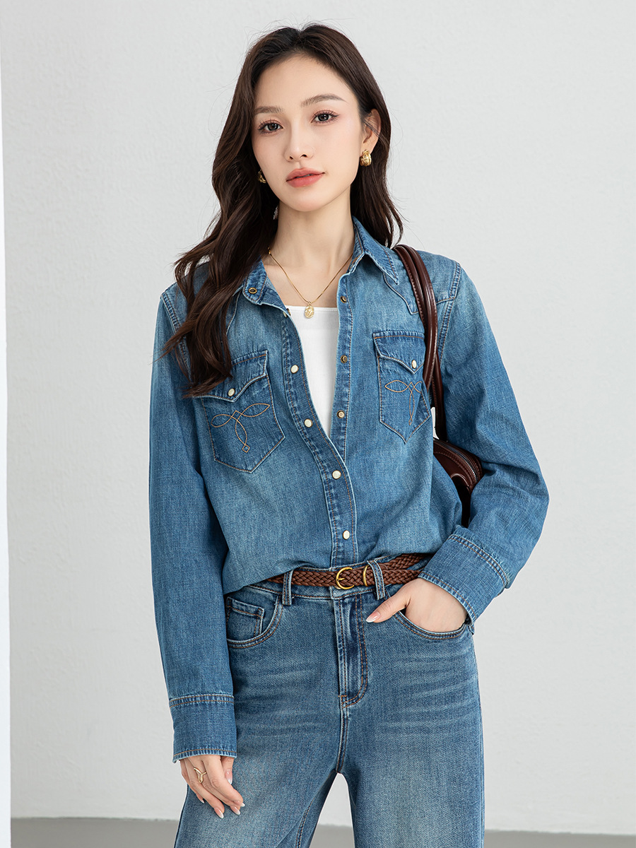 Xingge American Retro Soft Denim Double-Pocket Shirt, Washed and Distressed, Versatile Women's New Style