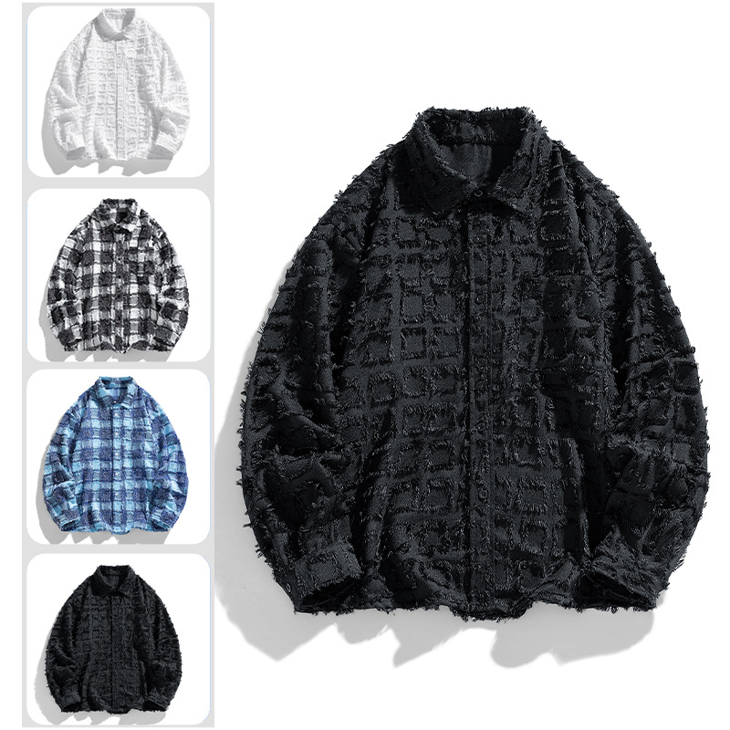 Spring and Autumn Coat Long-sleeved Plaid Shirt Retro High-grade Tassel Sense Plutton Handsome Shirt Design American Style Coat
