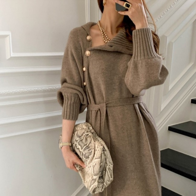 Japanese and Korean Lace-Up Waist Knitted Dress 2024 Autumn and Winter New Loose Slimming Look Versatile Turtleneck Long Sweater for Women