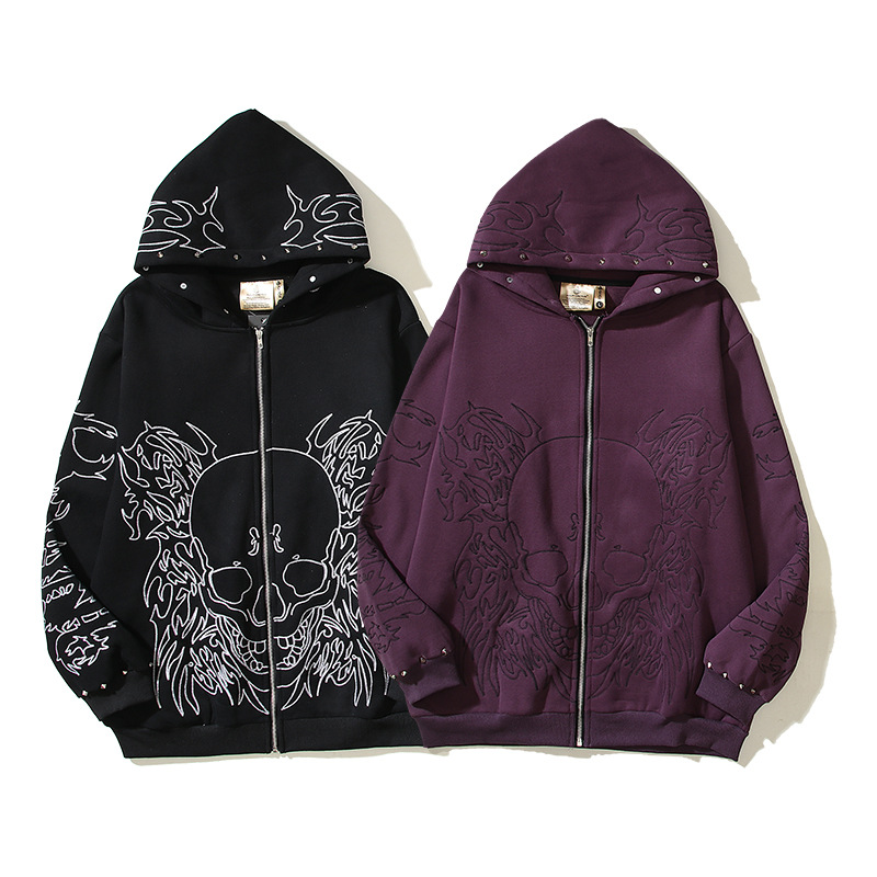 24 American High Street Ins Super Popular Skull Ten Thousand Needle Embroider Rivets Open Chest Zipper Hooded Sweatshirt Loose Hoodie