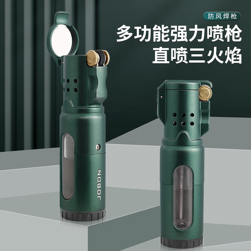 jobon Zhongbang three straight grinding wheel lighter metal visual air warehouse windproof cigarette lighter smoking set wholesale