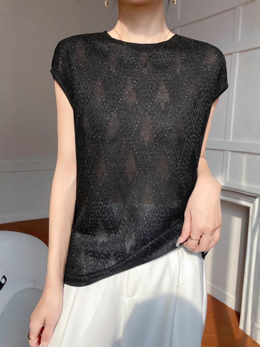 Summer New Style Knitted Women's Rhinestone Short-Sleeve Loose Round Neck Versatile Women's T-Shirt Pullover Knit Thin Top for Women