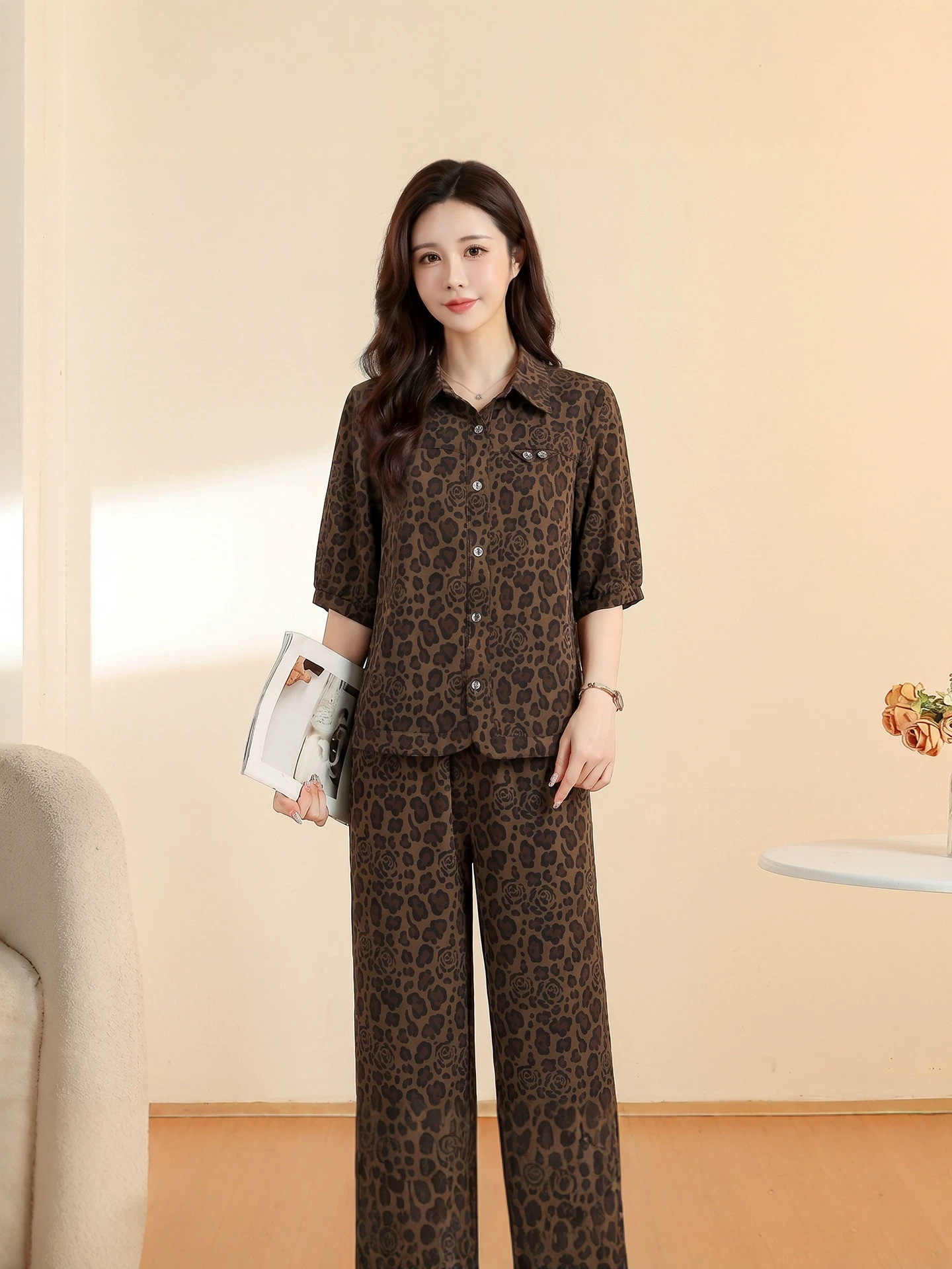 Elegant Leopard Print Fashion Casual Suit for Women 2026 Summer New Korean Style Shirt and Pants Two-Piece Set