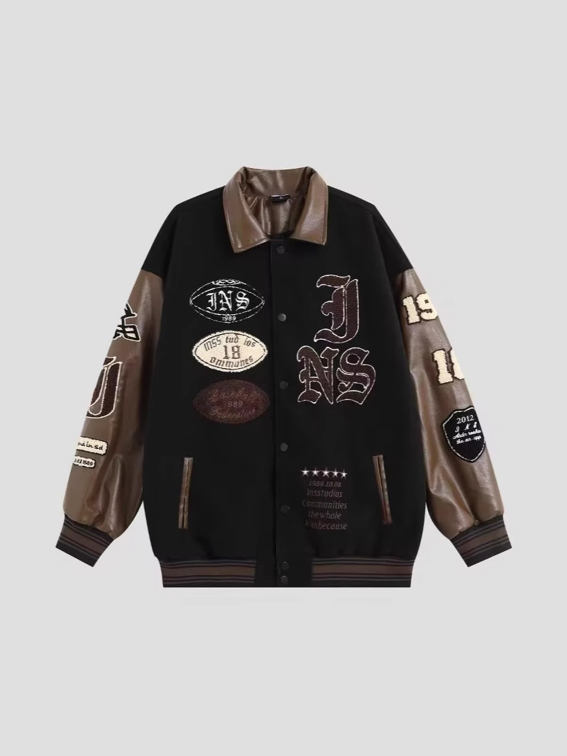 American Cross-border Retro Contrast Color Stitching Embroidered Baseball Suit High-grade Brown Jacket Men's and Women's Spring and Autumn Fashion Brand Motorcycle Jacket