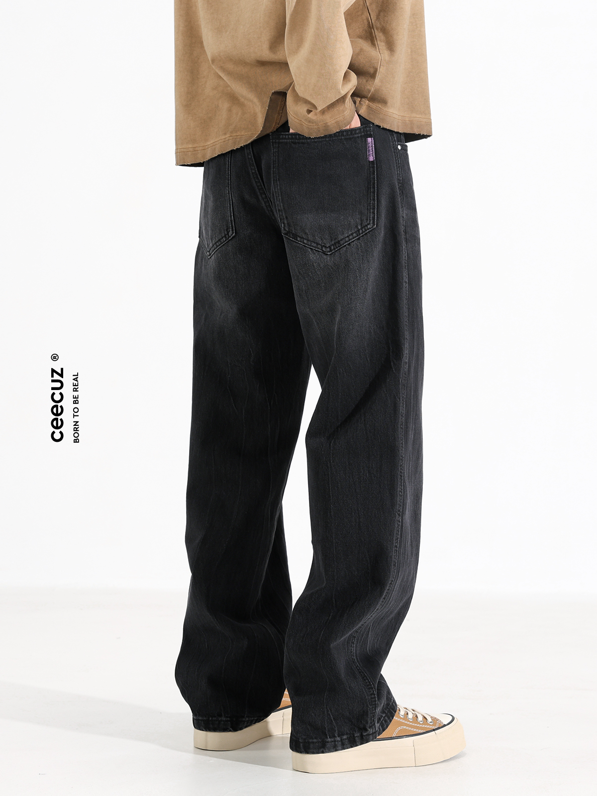 Ceecuz Heavyweight Whiskered Washed Vintage Black Straight-Leg Jeans for Men, New Spring and Autumn Style, Loose Wide-Leg Pants