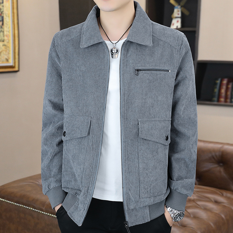Corduroy jacket men's Spring and Autumn New Korean style lapel casual jacket men's fleece-lined thickened windproof workwear top