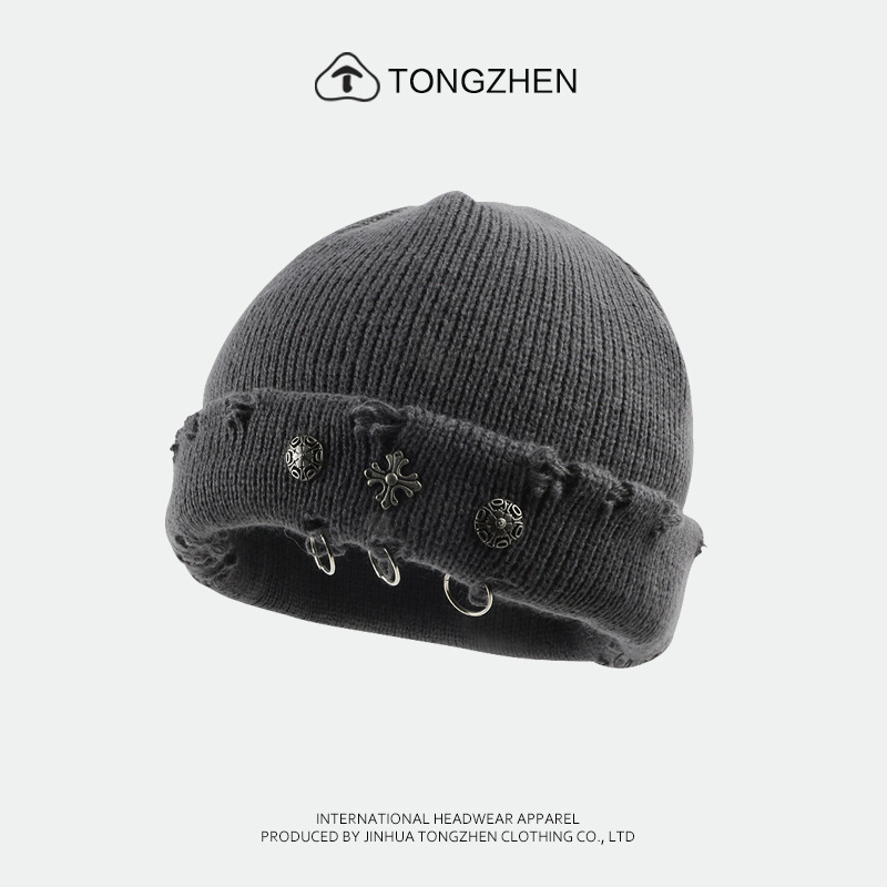 Yabi street hip hop retro cross ring ripped wool hat female Yupi knitted melon hat cold hat for men