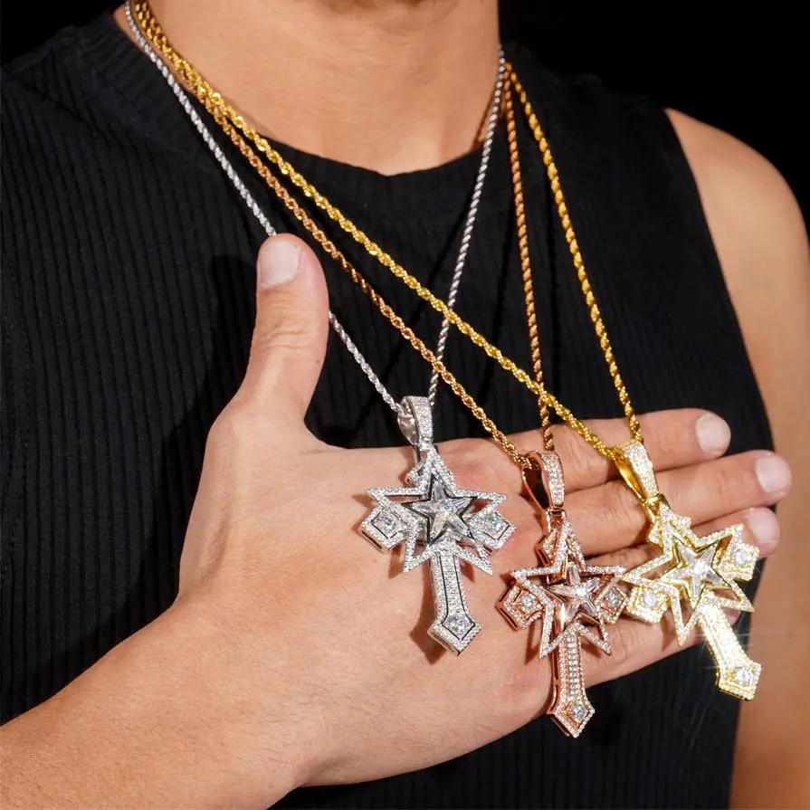 S925 Sterling Silver Moissanite Necklace Full of Diamonds Star Cross Pendant for Men and Women hip hop Trendy Rap Stylish Accessories